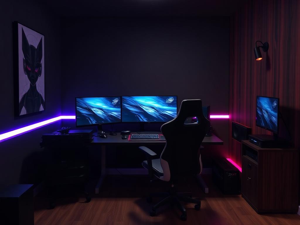 Setup com pontos clicáveis em cadeira, mesa, monitor e webcam